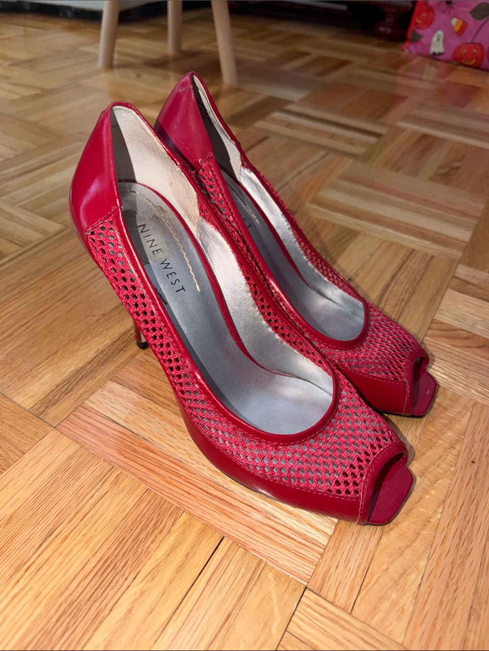 Nine West Red Peep-Toe Mesh Pumps